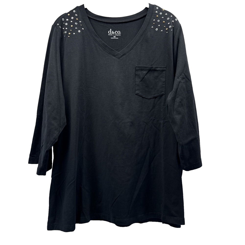Denim & Co Women's Top Size 1X Plus Solid Black Silver Rivets 3/4 Sleeve V Neck